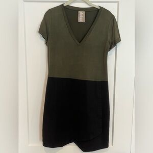 Olive and black asymmetrical mini dress